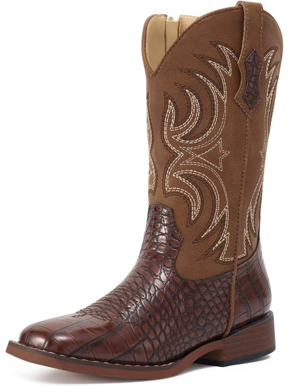 Girls Brown Embroidered Square Toe Knee High Pointed Toe Chunky Shoes Boots